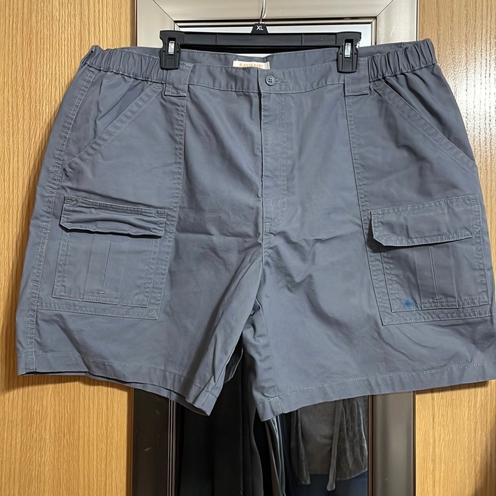 Grey Savane W44 cargo shorts.  Elastic at sides of waist.  Multiple pockets.